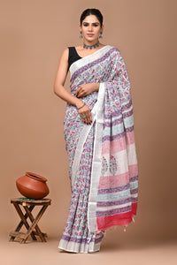 Block Printed Cotton linen Saree With Unstiched Blouse