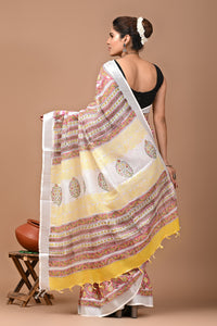 Block Printed Cotton linen Saree With Unstiched Blouse