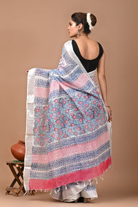 Block Printed Cotton linen Saree With Unstiched Blouse