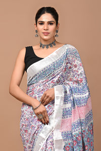 Block Printed Cotton linen Saree With Unstiched Blouse