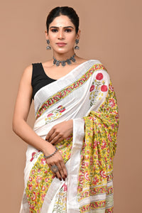 Block Printed Cotton linen Saree With Unstiched Blouse