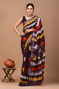 Block Printed Cotton linen Saree With Unstiched Blouse