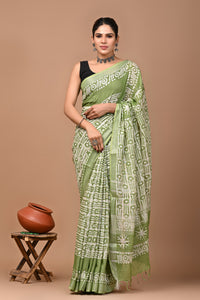 Block Printed Cotton linen Saree With Unstiched Blouse