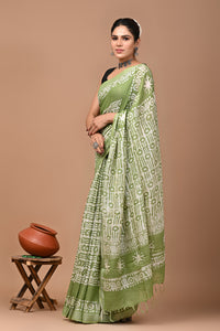 Block Printed Cotton linen Saree With Unstiched Blouse