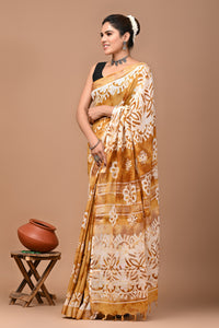 Block Printed Cotton linen Saree With Unstiched Blouse