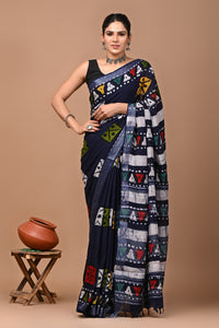 Block Printed Cotton linen Saree With Unstiched Blouse