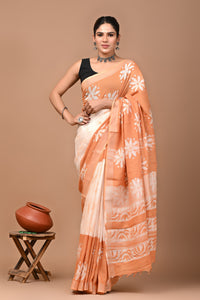 Block Printed Cotton linen Saree With Unstiched Blouse