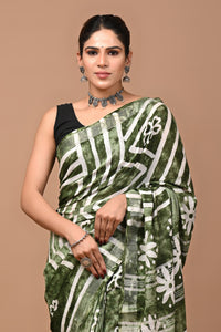 Block Printed Cotton linen Saree With Unstiched Blouse