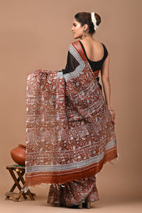 Block Printed Cotton linen Saree With Unstiched Blouse