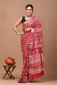 Block Printed Cotton linen Saree With Unstiched Blouse