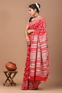 Block Printed Cotton linen Saree With Unstiched Blouse