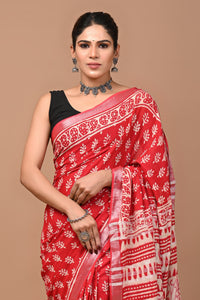 Block Printed Cotton linen Saree With Unstiched Blouse