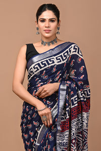 Block Printed Cotton linen Saree With Unstiched Blouse