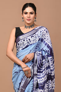 Block Printed Cotton linen Saree With Unstiched Blouse