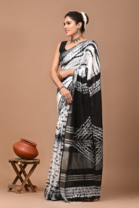 Block Printed Cotton linen Saree With Unstiched Blouse