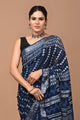 Block Printed Cotton linen Saree With Unstiched Blouse