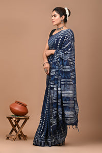 Block Printed Cotton linen Saree With Unstiched Blouse