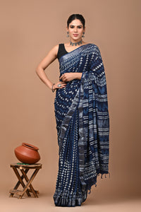 Block Printed Cotton linen Saree With Unstiched Blouse