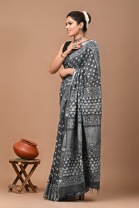 Block Printed Cotton linen Saree With Unstiched Blouse