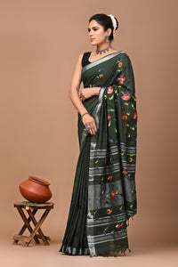 Block Printed Cotton linen Saree With Unstiched Blouse