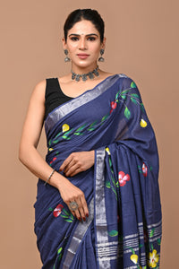 Block Printed Cotton linen Saree With Unstiched Blouse