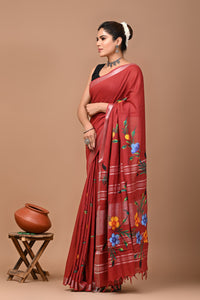 Block Printed Cotton linen Saree With Unstiched Blouse