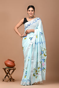 Block Printed Cotton linen Saree With Unstiched Blouse