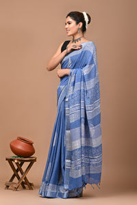 Block Printed Cotton linen Saree With Unstiched Blouse