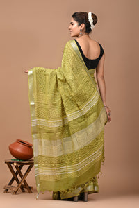 Block Printed Cotton linen Saree With Unstiched Blouse