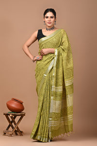 Block Printed Cotton linen Saree With Unstiched Blouse