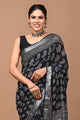 Block Printed Cotton linen Saree With Unstiched Blouse