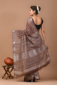 Block Printed Cotton linen Saree With Unstiched Blouse