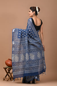 Block Printed Cotton linen Saree With Unstiched Blouse