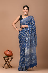 Block Printed Cotton linen Saree With Unstiched Blouse