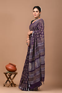 Block Printed Cotton linen Saree With Unstiched Blouse