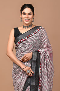 Block Printed Cotton linen Saree With Unstiched Blouse