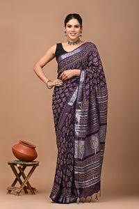 Block Printed Cotton linen Saree With Unstiched Blouse