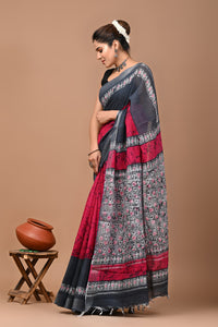 Block Printed Cotton linen Saree With Unstiched Blouse