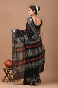 Block Printed Cotton linen Saree With Unstiched Blouse