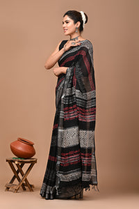 Block Printed Cotton linen Saree With Unstiched Blouse