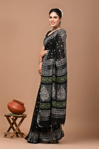 Block Printed Cotton linen Saree With Unstiched Blouse