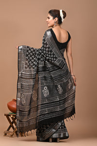 Block Printed Cotton linen Saree With Unstiched Blouse