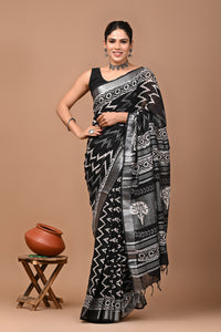 Block Printed Cotton linen Saree With Unstiched Blouse