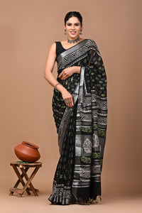 Block Printed Cotton linen Saree With Unstiched Blouse