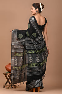 Block Printed Cotton linen Saree With Unstiched Blouse