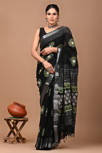 Block Printed Cotton linen Saree With Unstiched Blouse