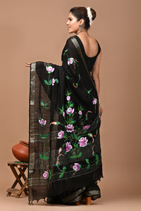 Block Printed Cotton linen Saree With Unstiched Blouse