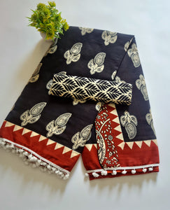 Printed Pure Cotton Mulmul Saree With PomPom Lace