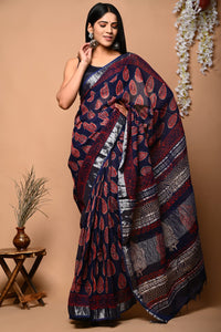 Hand Block Printed Linen Saree With Unstitched Blouse (SRE02PR002)