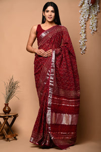 Hand Block Printed Linen Saree With Unstitched Blouse CMSRE08PR0003